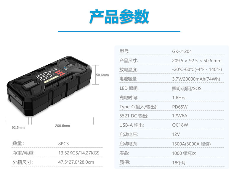 汽车应急启动电源-格睿铠铂GK-J1204,12v/3000A 强起电源  第3张